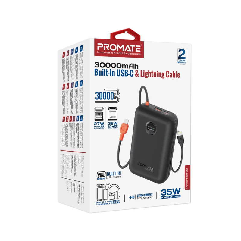 Promate PowerPod-30 30000mAh Compact Power Bank with Built-In USB-C & Lightning Cable - Black Promate PowerPod-30 30000mAh Compact Power Bank with Built-In USB-C & Lightning Cable - Black